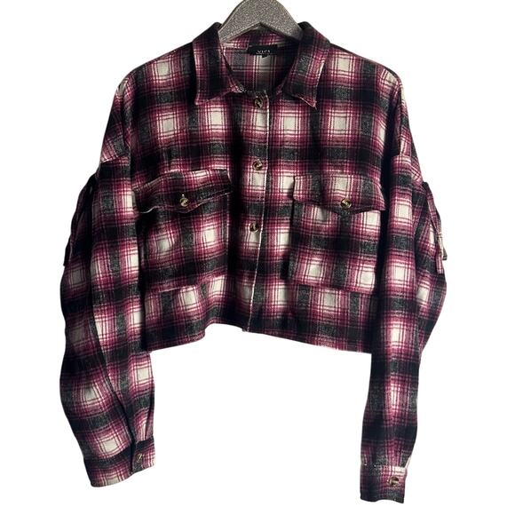 Vici Purple Black Plaid Cropped Fringe Flannel Shacket - Picture 1 of 6
